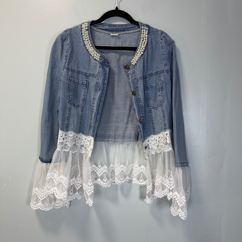 Women's Blue Denim Jacket with Lace Hem and Pearled Neckline
